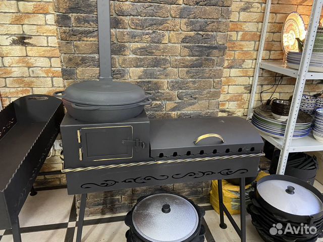 Мангал с печкой под казан с крышкой гриль