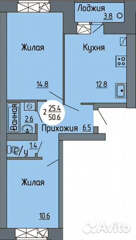 2-к квартира, 53.7 м², 1/8 эт.