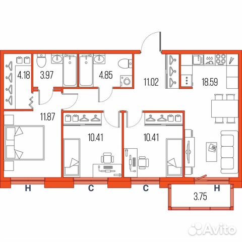 3-к квартира, 75.3 м², 22/22 эт.