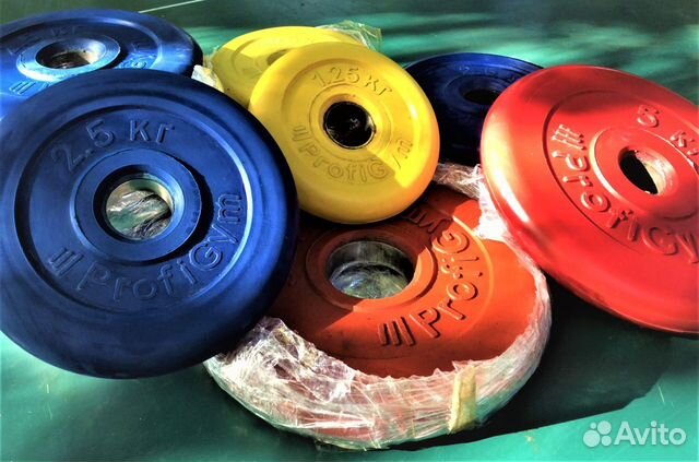 Цветные прорезиненные блины на штангу и гантели