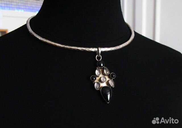 Винтаж Кулон Ожерелье Серебро Оникс Кварц Винтаж Кулон Ожерелье Серебро Оникс Кварц