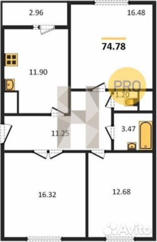 3-к квартира, 74 м², 6/17 эт.