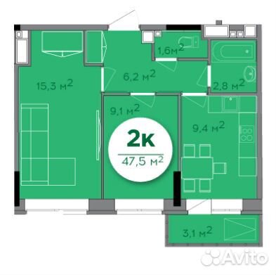 2-к квартира, 47 м², 15/18 эт.