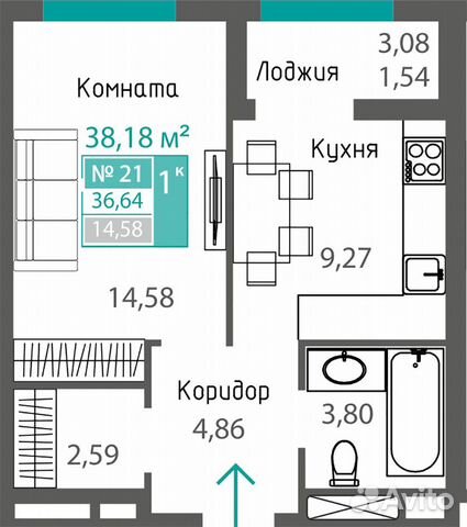 1-к квартира, 38.2 м², 3/8 эт.