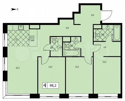 4-к квартира, 98 м², 6/14 эт.