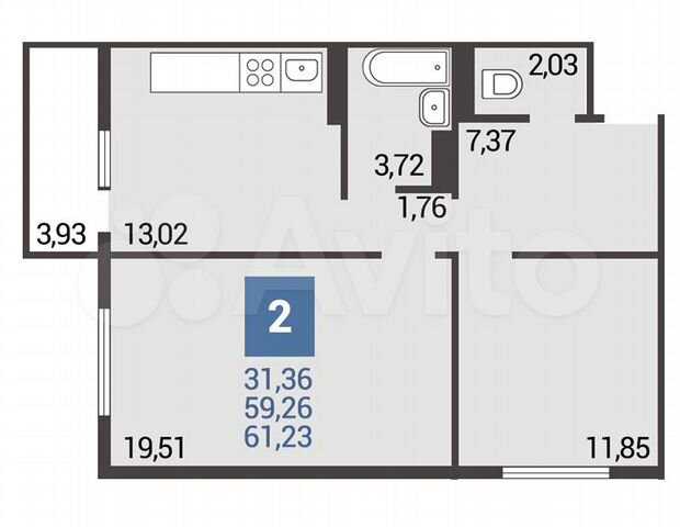 2-к. квартира, 61 м², 5/16 эт.