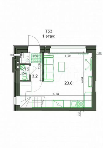 2-к. квартира, 54 м², 1/2 эт.