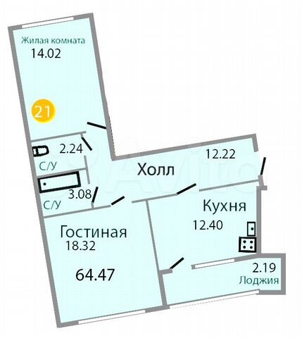 2-к. квартира, 64,5 м², 6/9 эт.