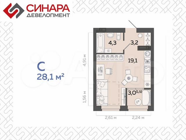 Квартира-студия, 28,2 м², 3/23 эт.