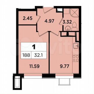 1-к апартаменты, 32.1 м², 14/18 эт.