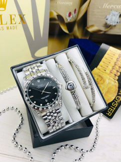 Блестящий женский набор Rolex часы + два браслета