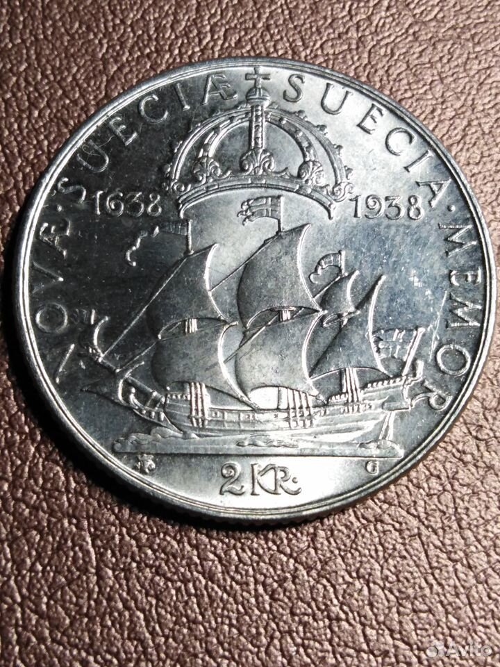 300 крон. Швеция 2 кроны, 1938 300 лет поселению Делавэр. Монеты королевства Швеции.