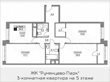 3-к квартира, 84.6 м², 5/22 эт.
